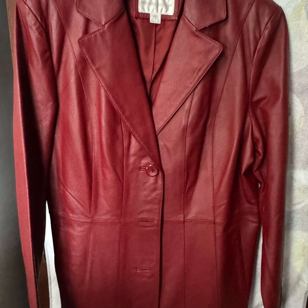 REDUCED $25 Worthington Burgundy Leather Jacket L; Classy/Below Hips Orig. $199